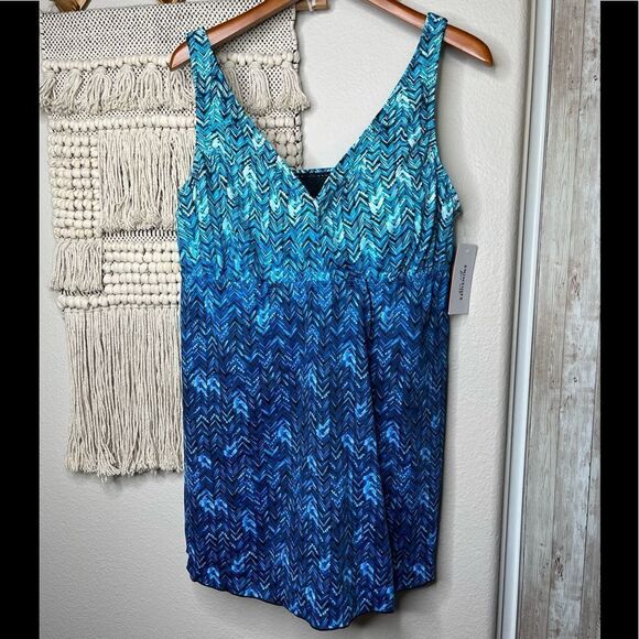 Swimsuits for All Blue Herringbone Tank Top Swim Dress - Picture 1 of 7